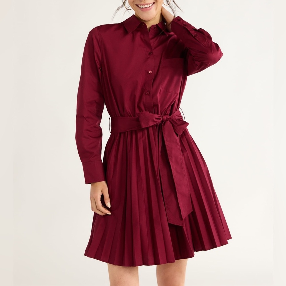 Free Assembly Women's Pleated Mini Shirtdress with Long Sleeve| Sz XS